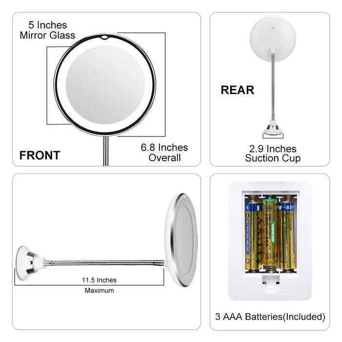 Flexible Gooseneck 6.8" 10x Magnifying LED Lighted Makeup Mirror, Bathroom Magnification Vanity Mirror with Suction Cup, 360 Deg