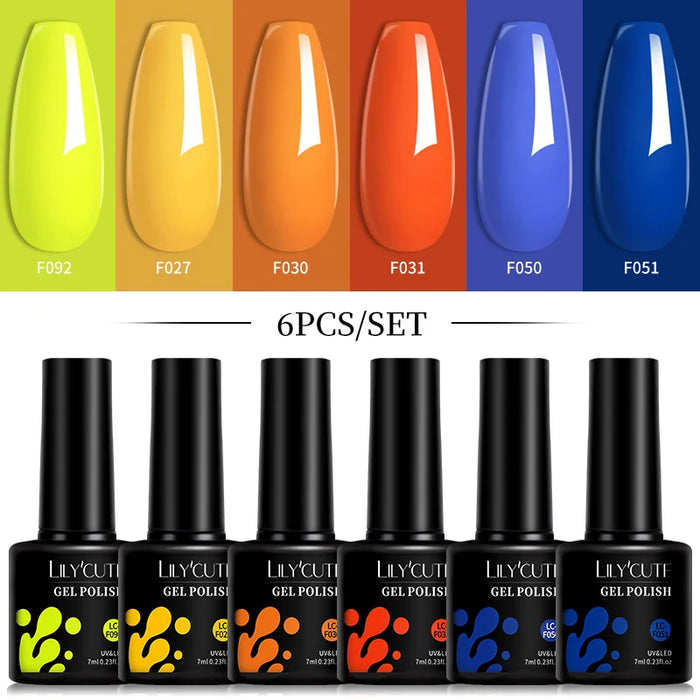 LILYCUTE 6Pcs/Set Fluorescent Gel Nail Polish Spring Summer Neon Color Semi Permanent Soak Off UV Nail Art Gel Varnish Kits