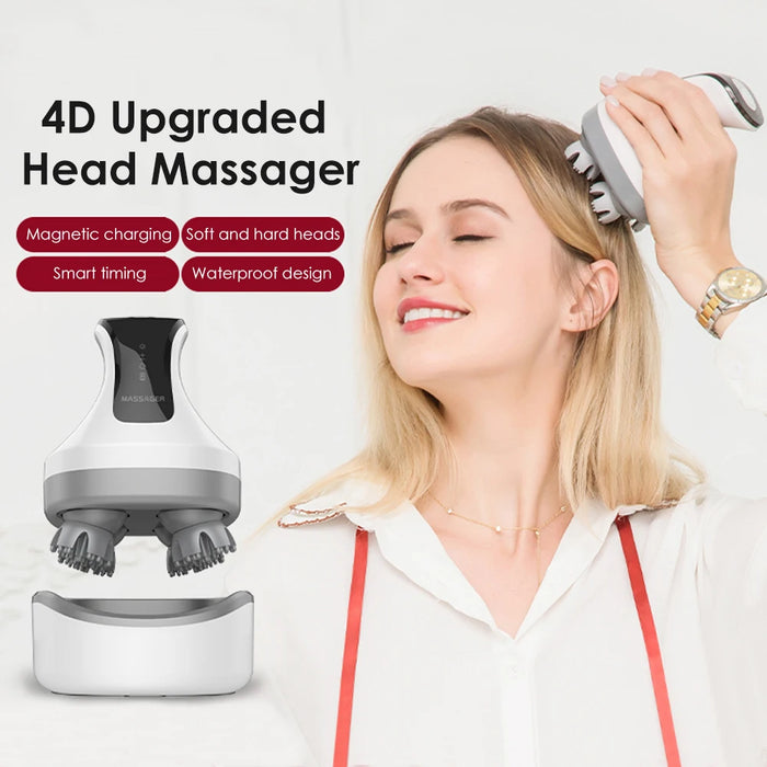 4D Magnetic Rechargeable Head Massager Kneading Wireless Electric Scalp Massage Waterproof Promote Hair Growth Prevent Hair Loss