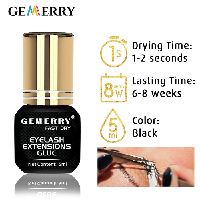 GEMERRY 5/10ML Eyelash Glue Fast Drying Eyelashes Extension Glue Black Adhesive Retention 3-6 Months Long Last Lash Glue