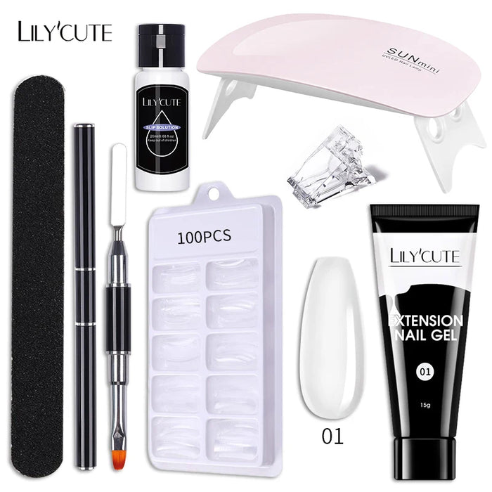 LILYCUTE Full Manicure Set 15ml Quick Extension Gel Kit 6W LED Lamp White Clear Pink Hard Gel Semi Permanent For Nails Tool Kit