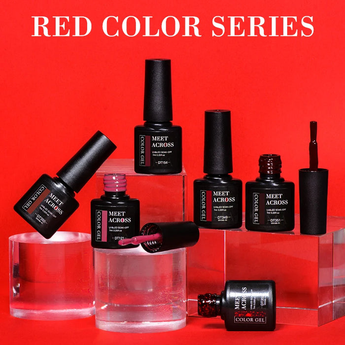 MEET ACROSS 6PCS/SET Red Gel Nail Polish Set Crystal Glitter UV Gel Semi Permanent Manicure Kit  Base Matte Top Coat Nails Art